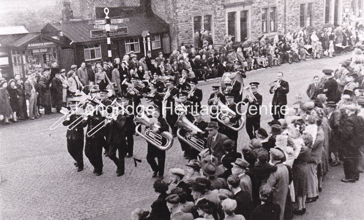 416 - Longridge band - At Stone Bridge. Victory Parade June - 1946